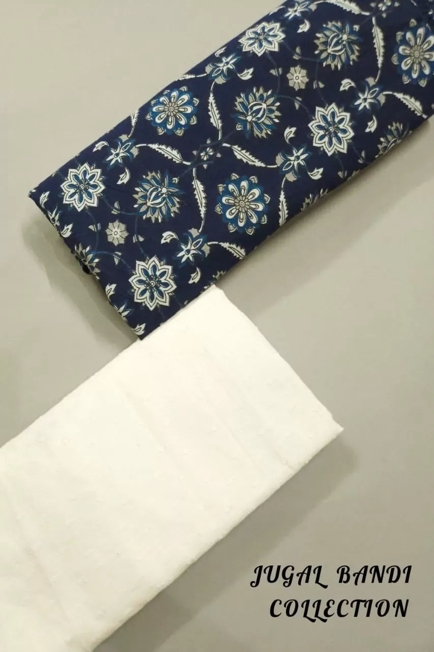 Indigo Shade Print Jaal Print With Matching White Bottom.