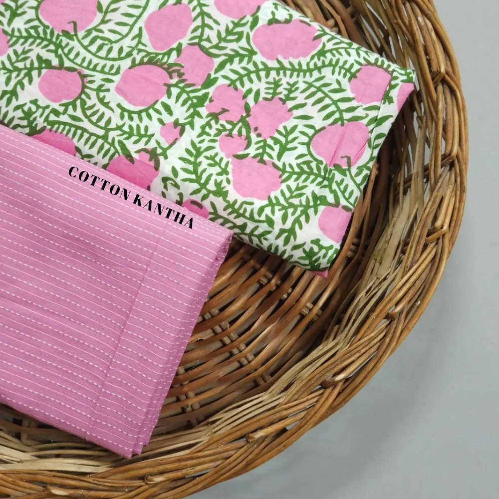 Off White Shade Base Nas Flowers Jaal Block Print With Matching Kantha Bottom.