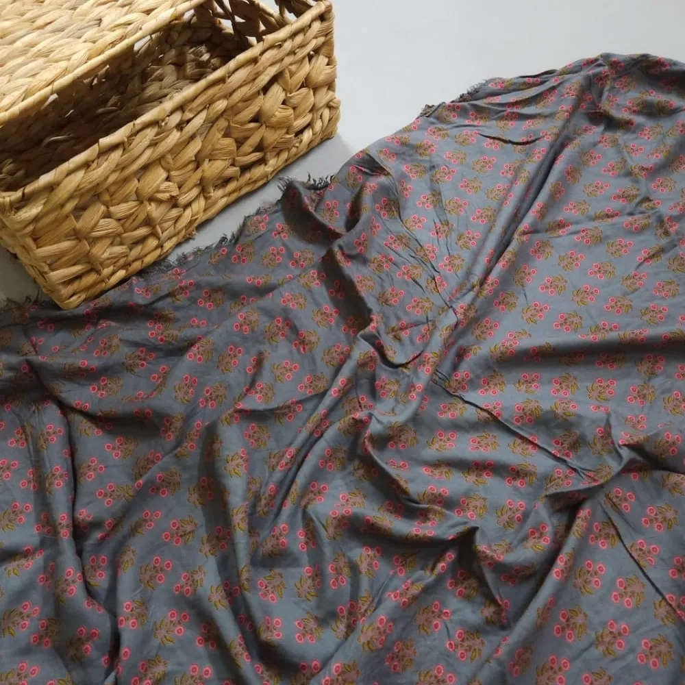 Grey Shade Base Small Peach Butty Print, Rayon Fabric.