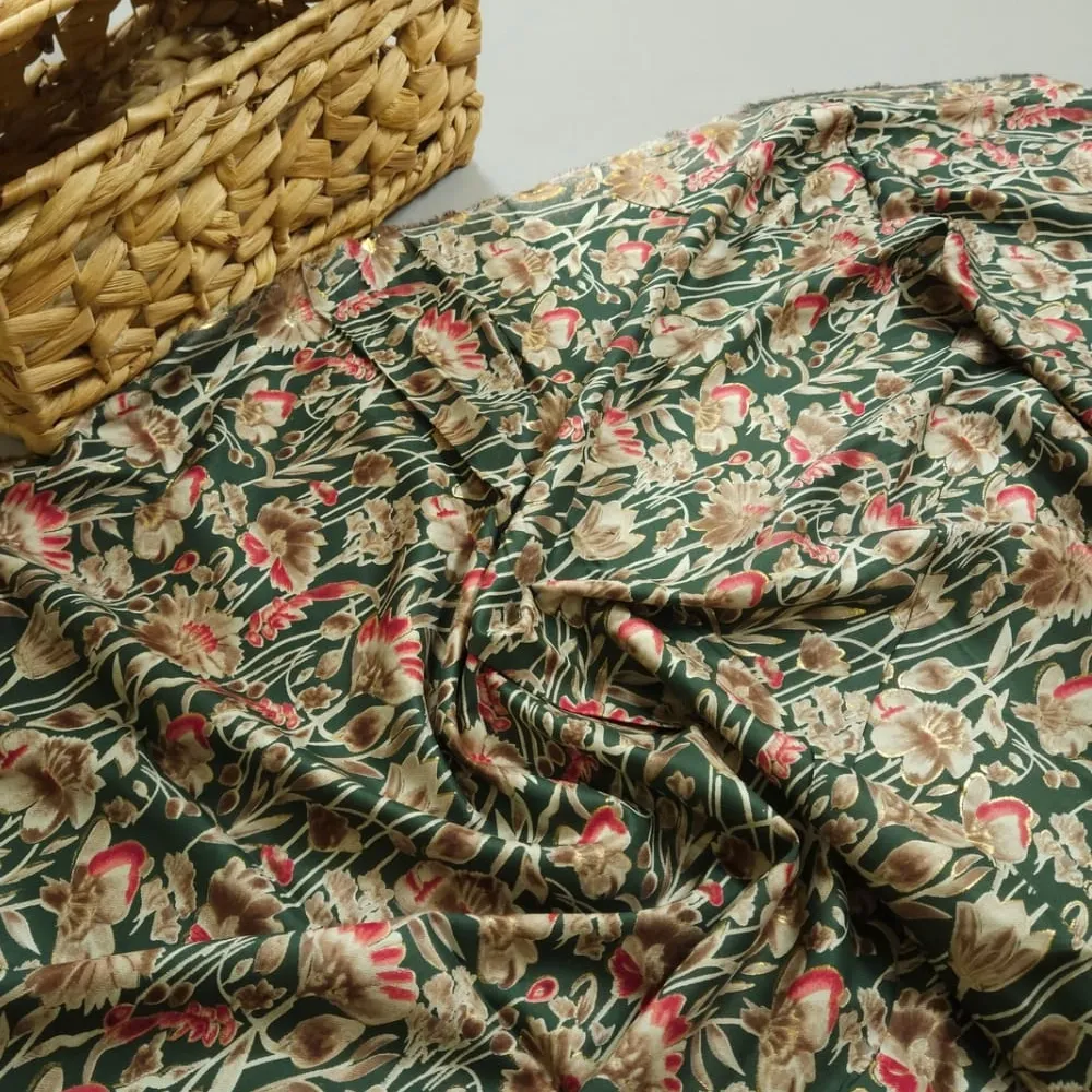 Green Shade Base Jaipuri Flower Jaal Print, Rayon Fabric.