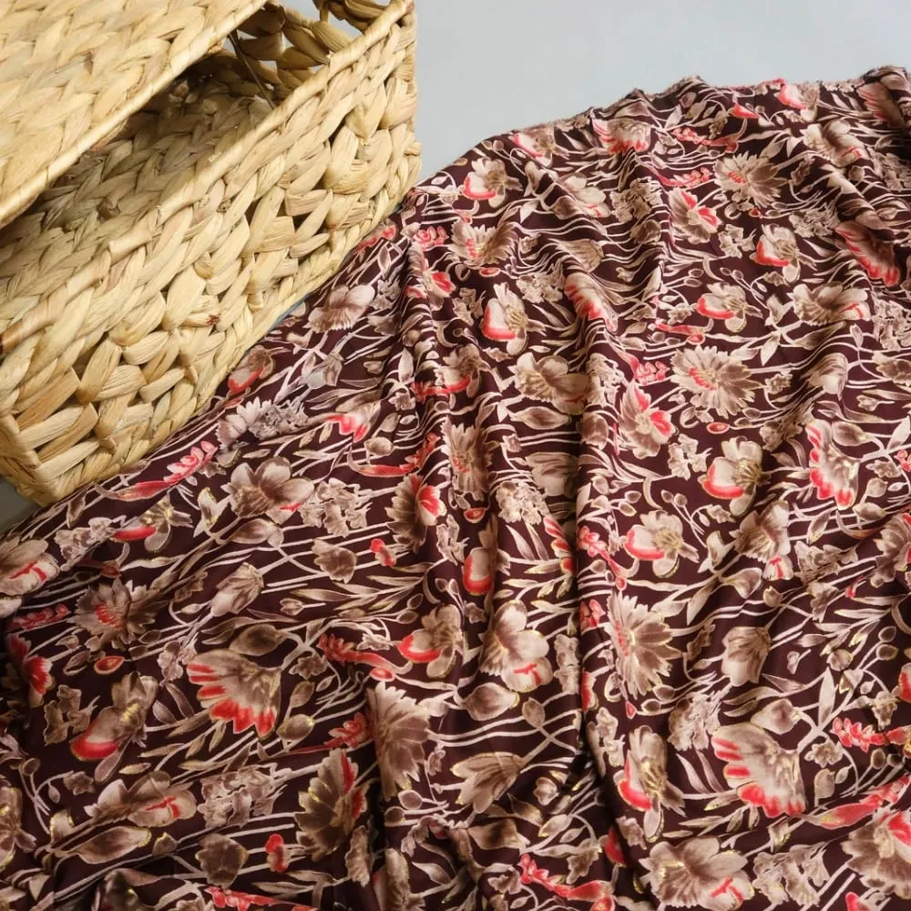 Wine Shade Base Flower Jaal Print, Rayon Fabric.