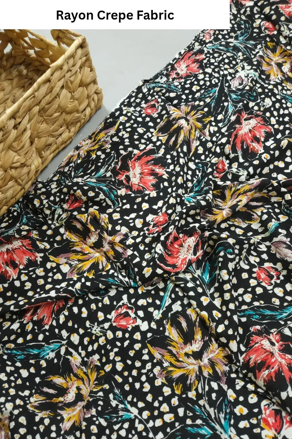 Black Shade Base Dots And Flowers Print, Rayon Crepe.