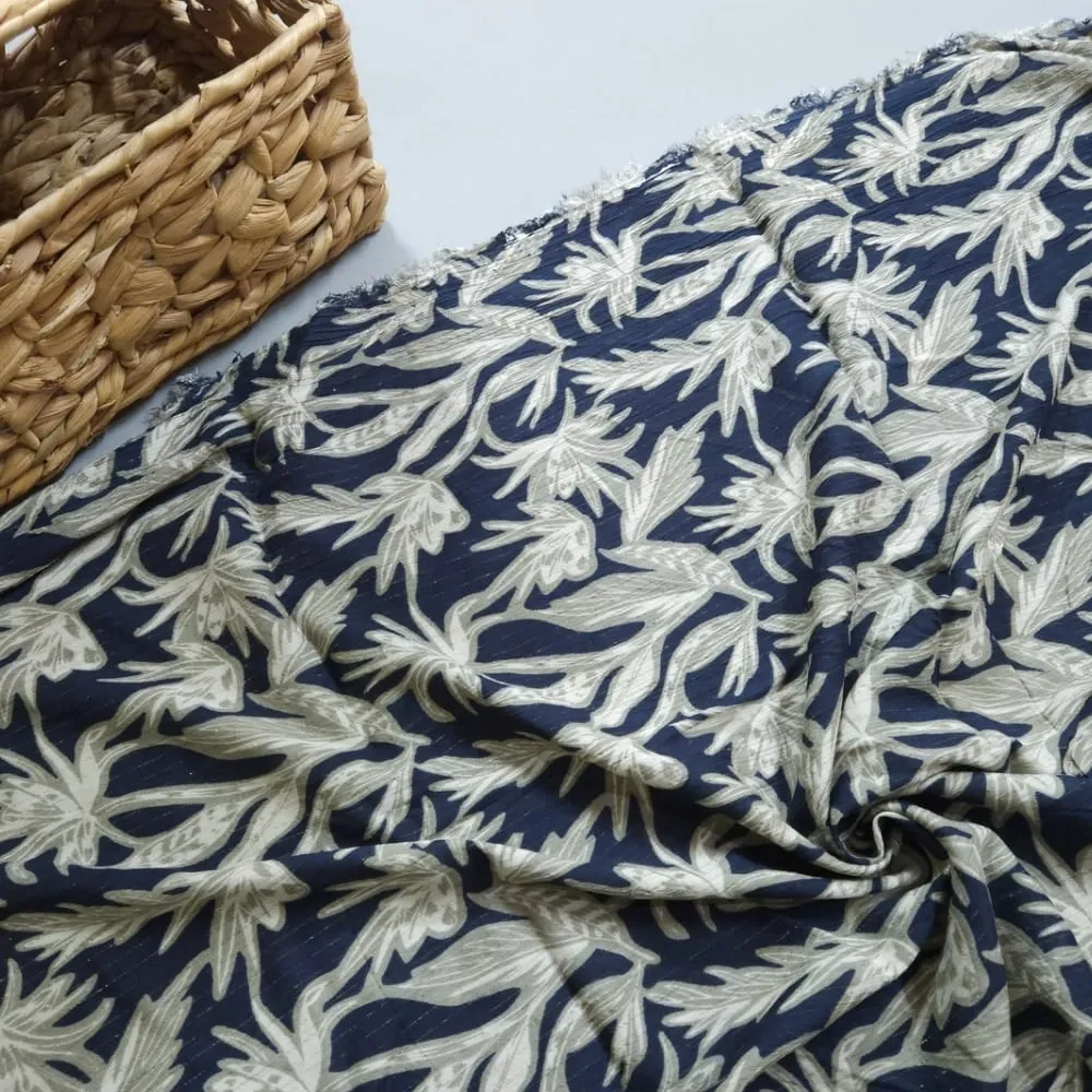 Navy Blue Shade Base Leaves Jaal Print, Rayon Crepe.