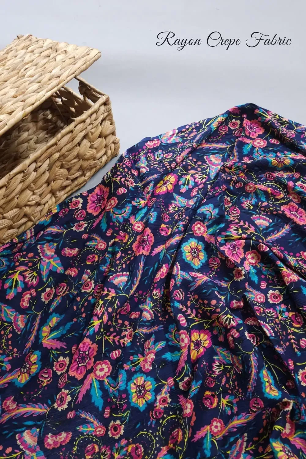 Blue Shade Base Multicolour Flowers Print, Rayon Crepe.