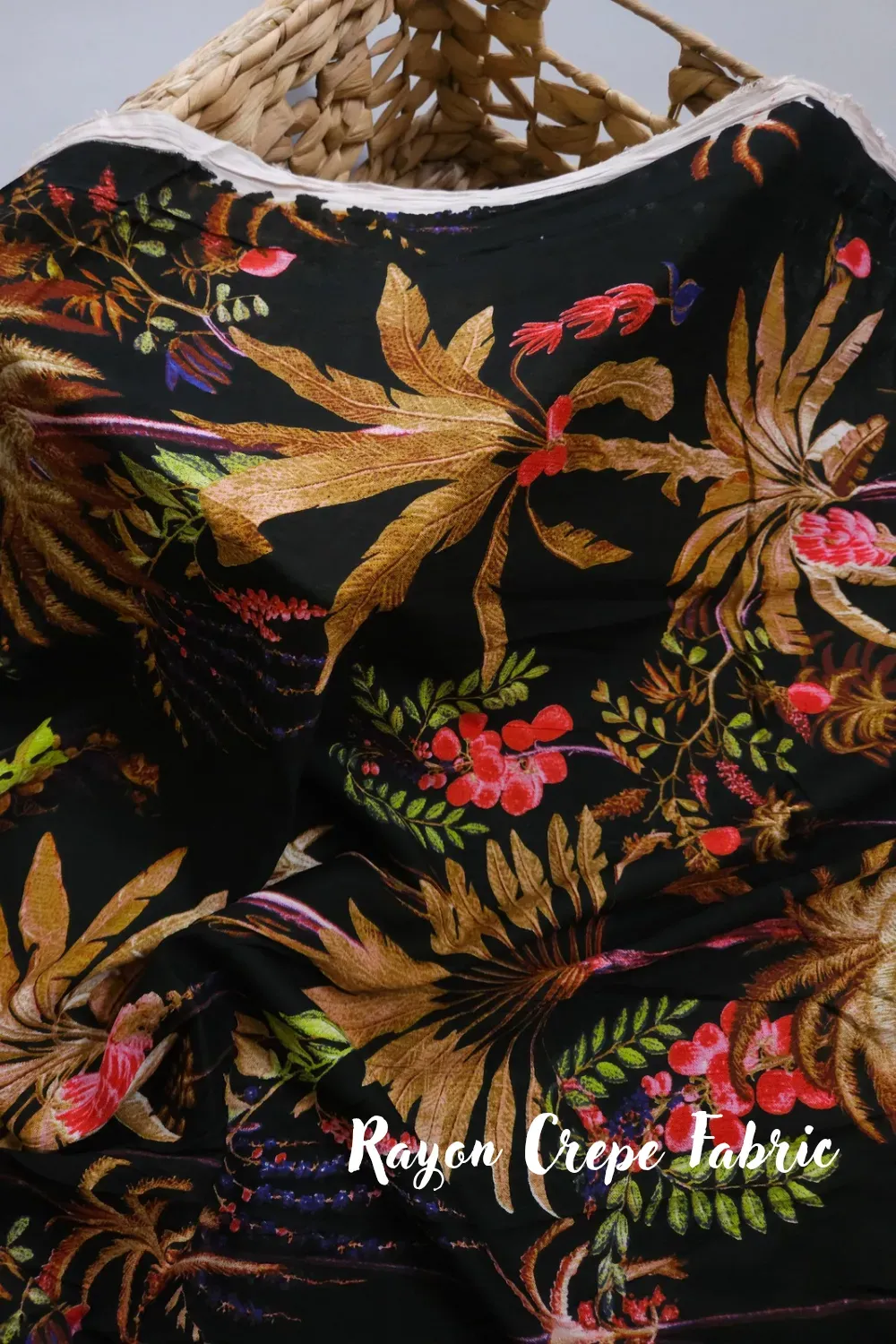 Black Shade Base Big Tree And Flowers Print, Rayon Crepe.