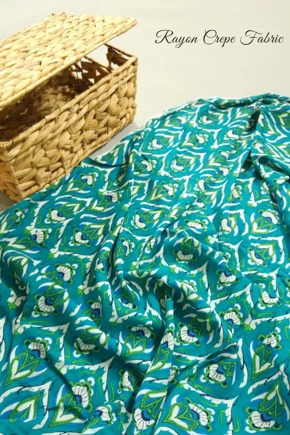 Turquoise Shade Base Sanganeri Block Jaal Print, Rayon Crepe.