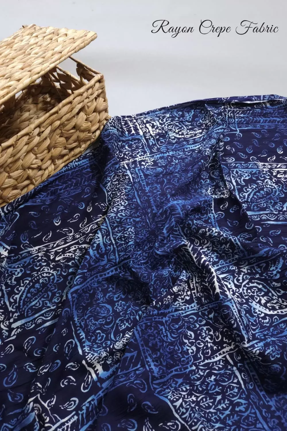 Indigo Shade Base Sanganeri Patch Print, Rayon Crepe.