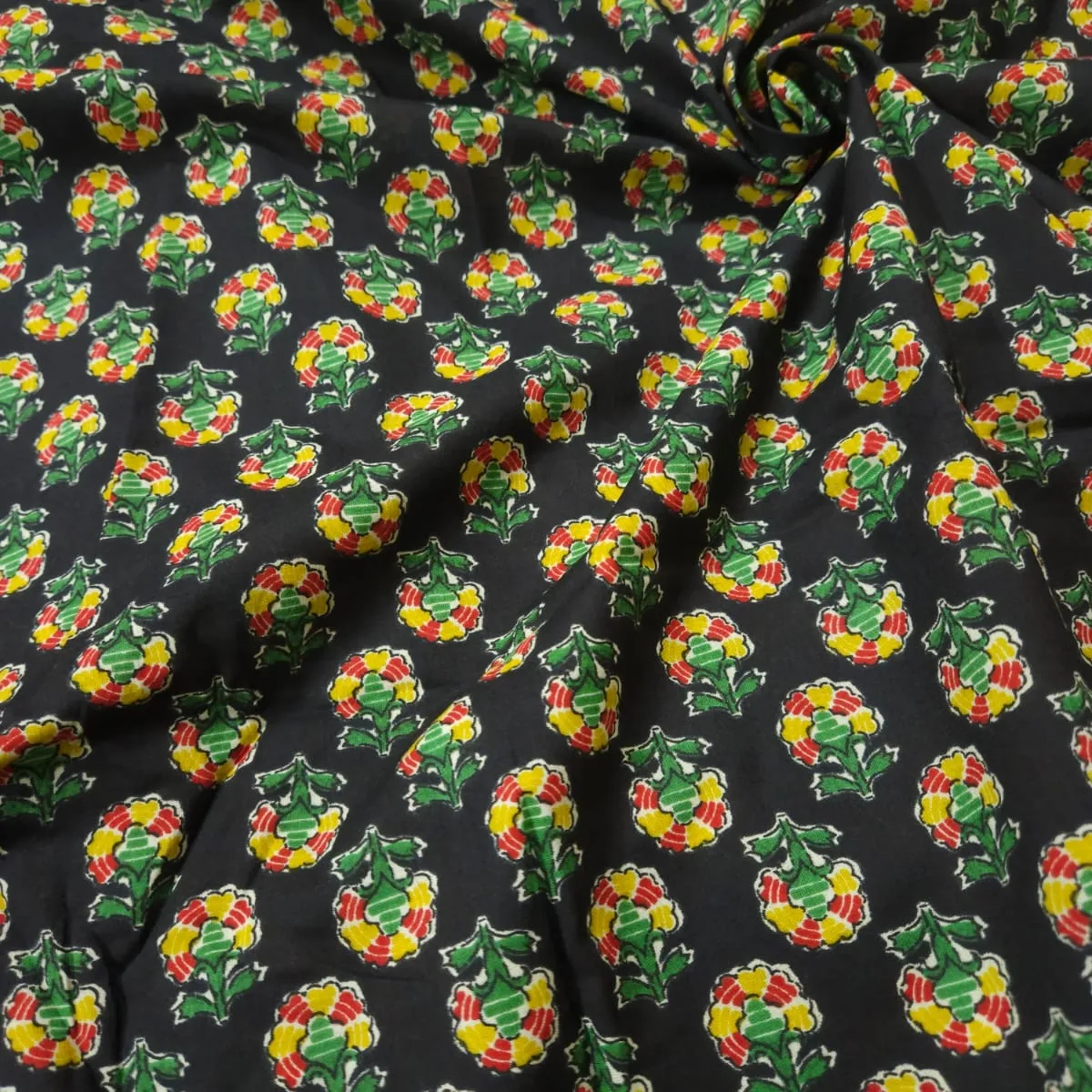 Black Shade Base Small Sanganeri Butty Print, Sanganeri Print.