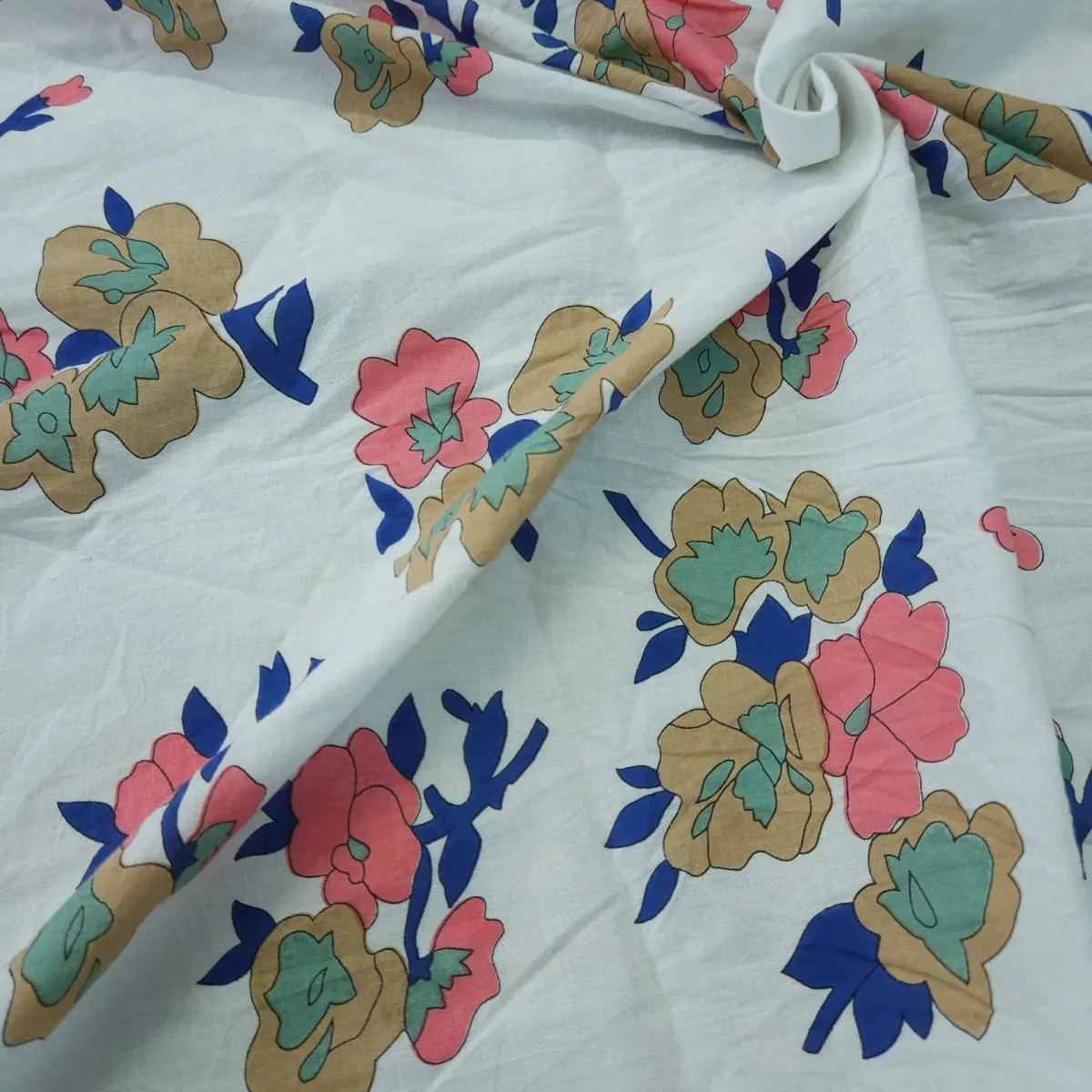 White Shade Base Traditional Flowers Block Print, Cotton Fabric.