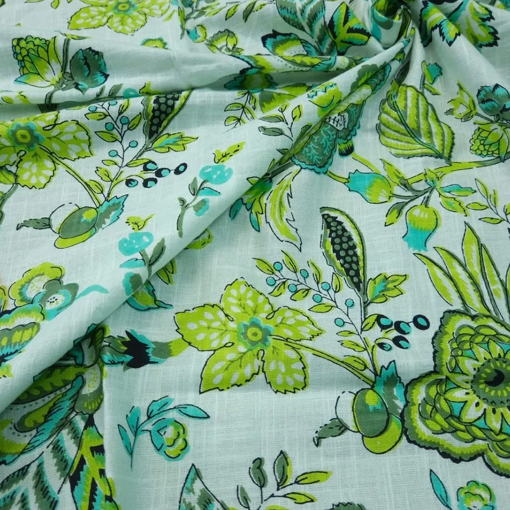 White Shade Base Green Flowers Jaal Print, Sanganeri Cotton.
