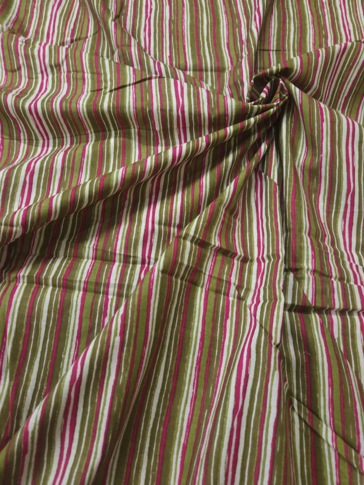 Green Shade Base Stripes Print, Jaipuri Cotton Fabric.