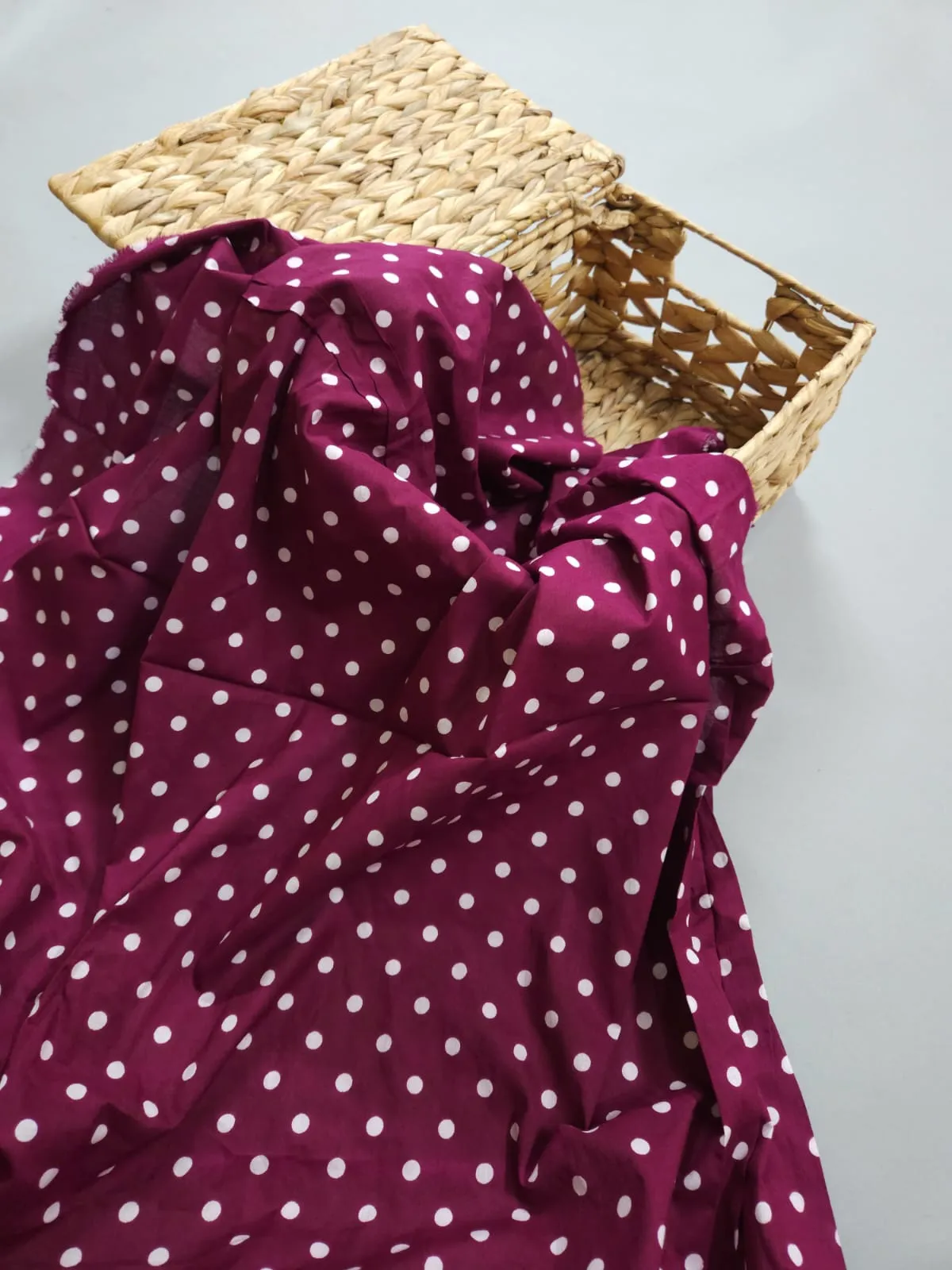 Wine Shade Base Polka Dots Print, Sanganeri Cotton.