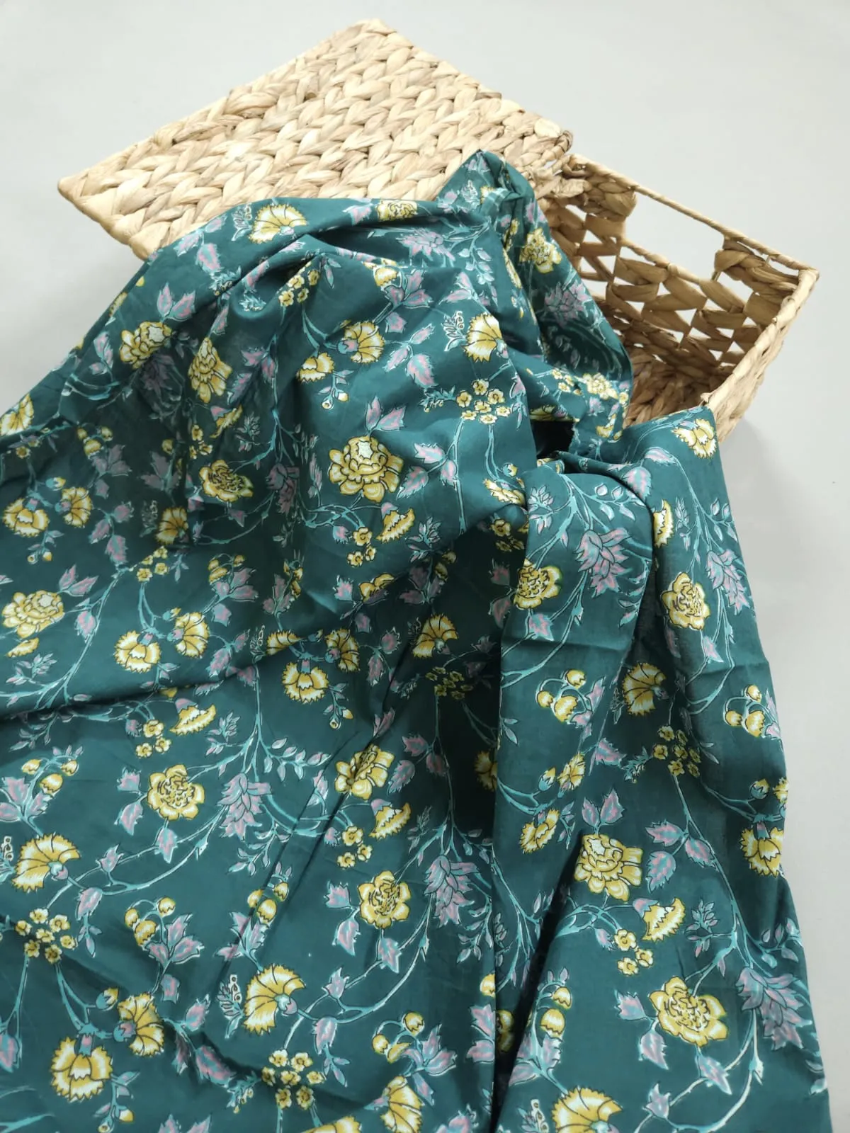 Green Shade Base Jaipuri Flower Jaal Print, Sanganeri Cotton.