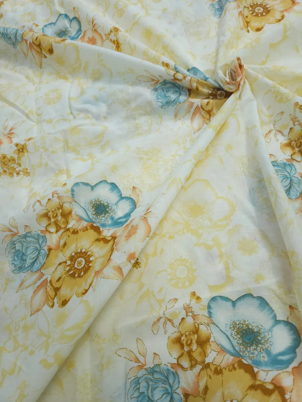 White Shade Base Yellow Flowers Print, Jaipuri Cotton.