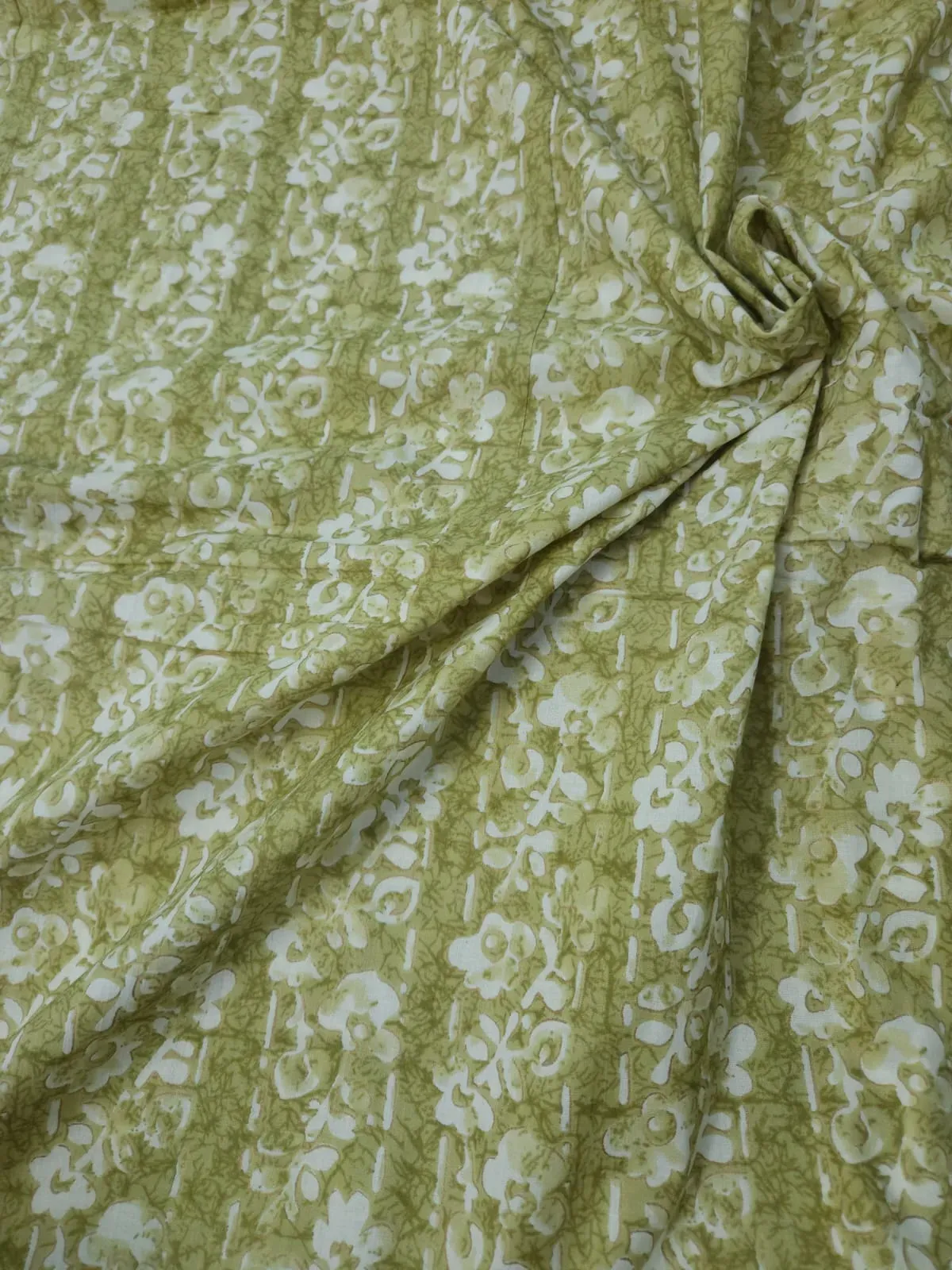 Green Shade Base Symmetric Flower Print, Cotton Fabric.