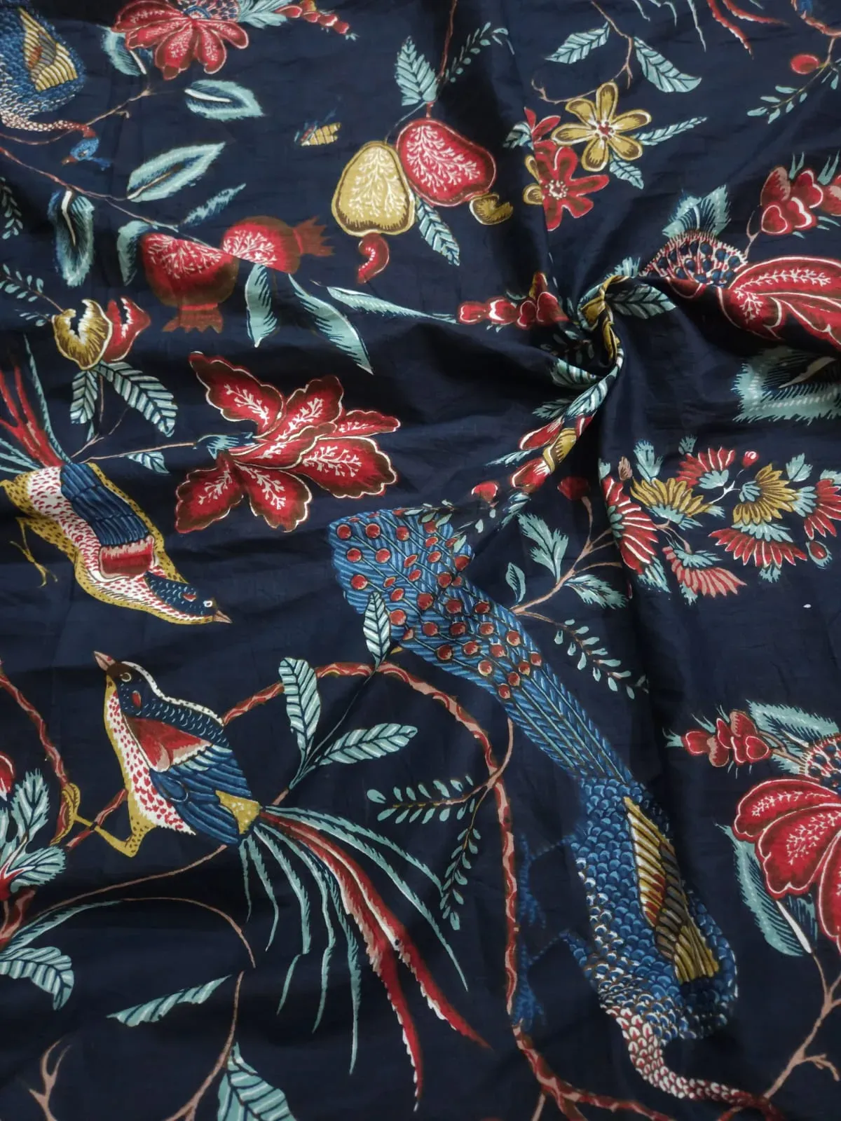 Blue Shade Base Bird And Flowers Print, Sanganeri Cotton.