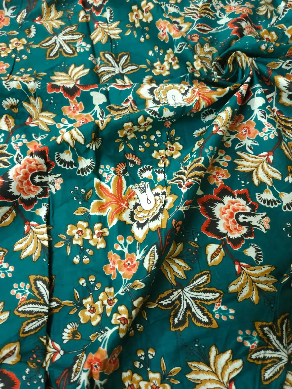Teal Green Shade Jaipuri Flowers Jaal Print, Cotton Fabric.