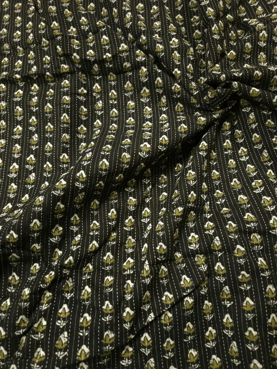 Dark Coffee Shade Base Small Sanganeri Butty Print, Cotton Kantha Fabric.
