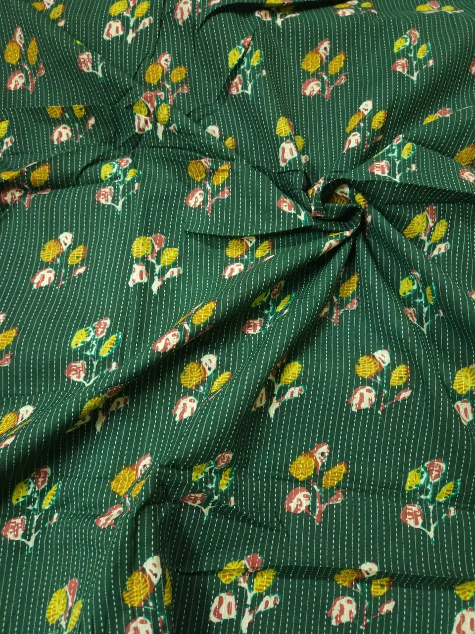 Green Shade Base Sanganeri Block Print, Cotton Kantha Fabric.