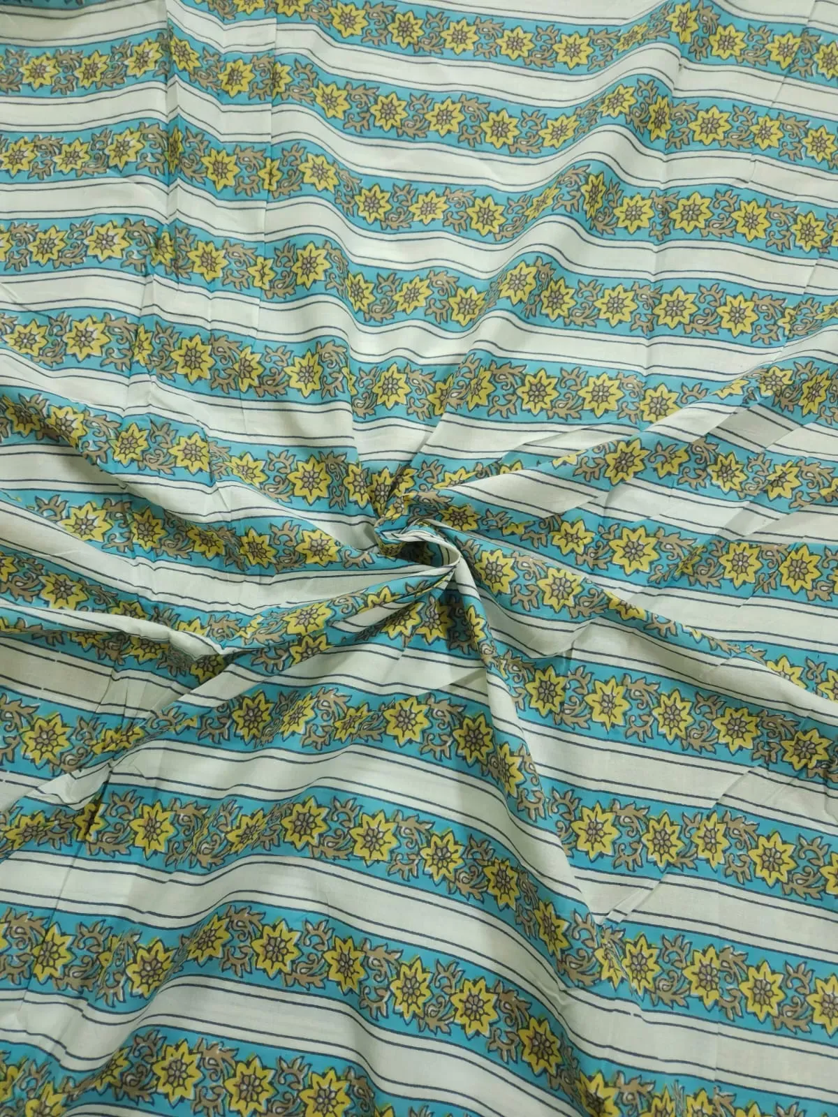 White Shade Base Sky blue Stripes Print, Cotton Fabric.