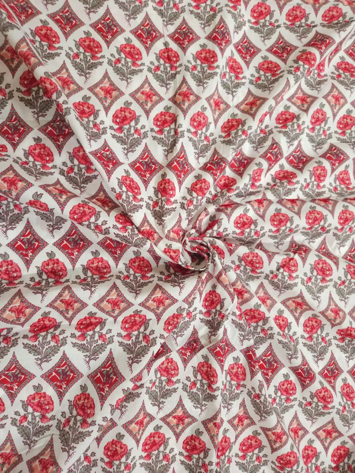 White Shade Base Red Mughal Butta Print, Sanganeri Cotton.