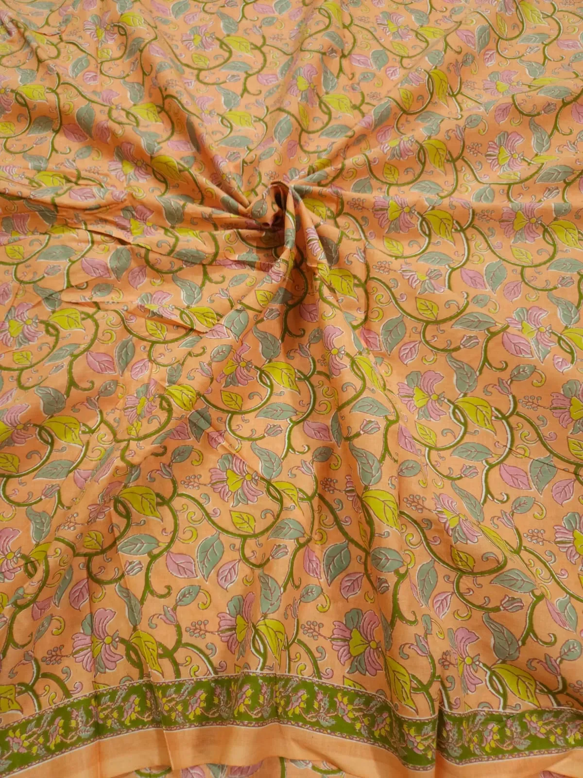 Peach Shade Base Jaipuri Traditional Flowers Border Print, Cotton Fabric.