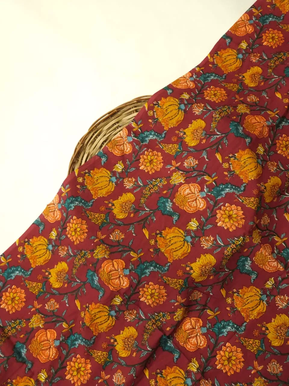 Maroon Shade Base Jaipuri Flowers Jaal Print, Jaipuri Cotton.