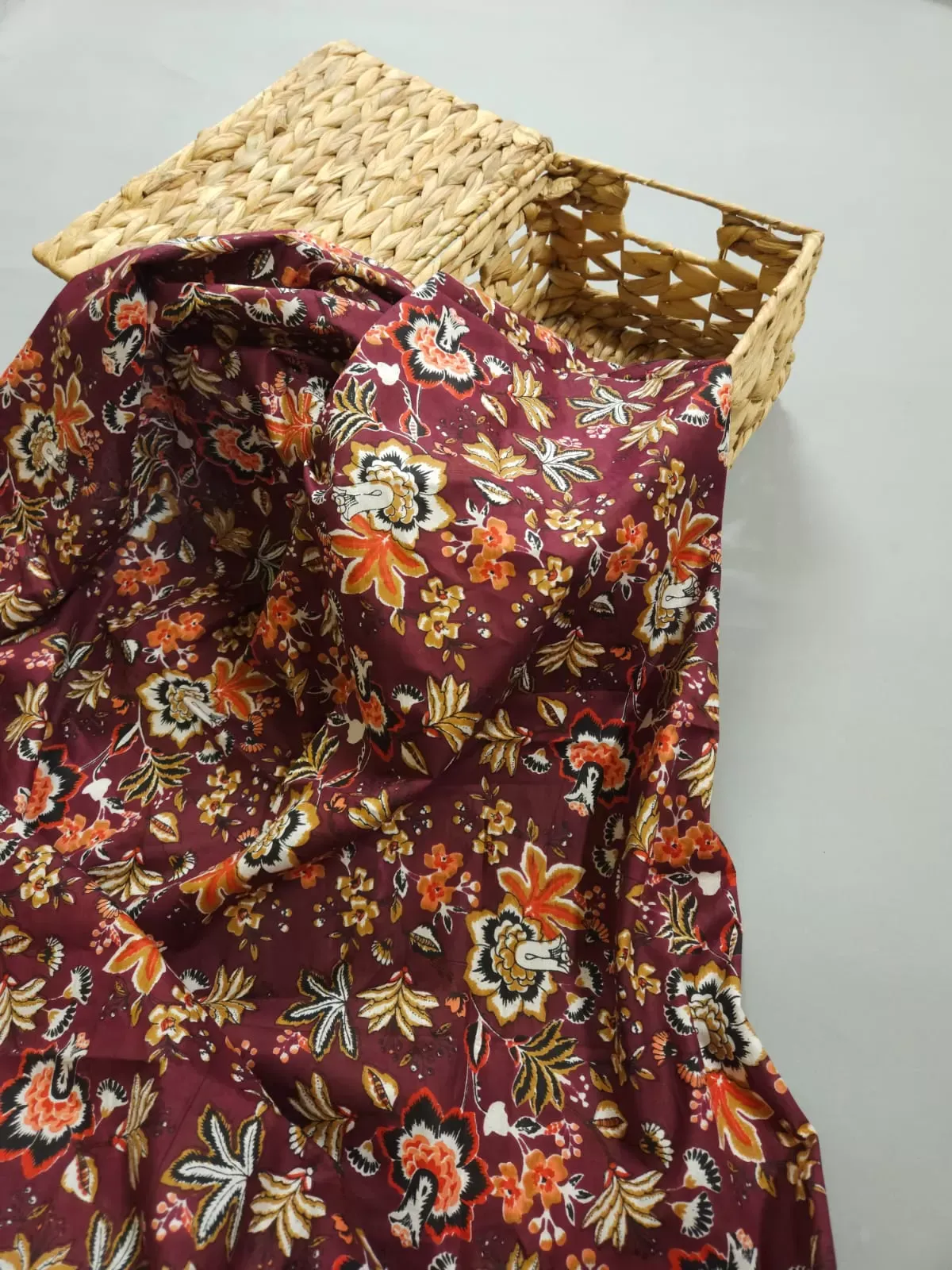Wine Shade Base Jaipuri Flower Jaal Block Print, Jaipuri Cotton.