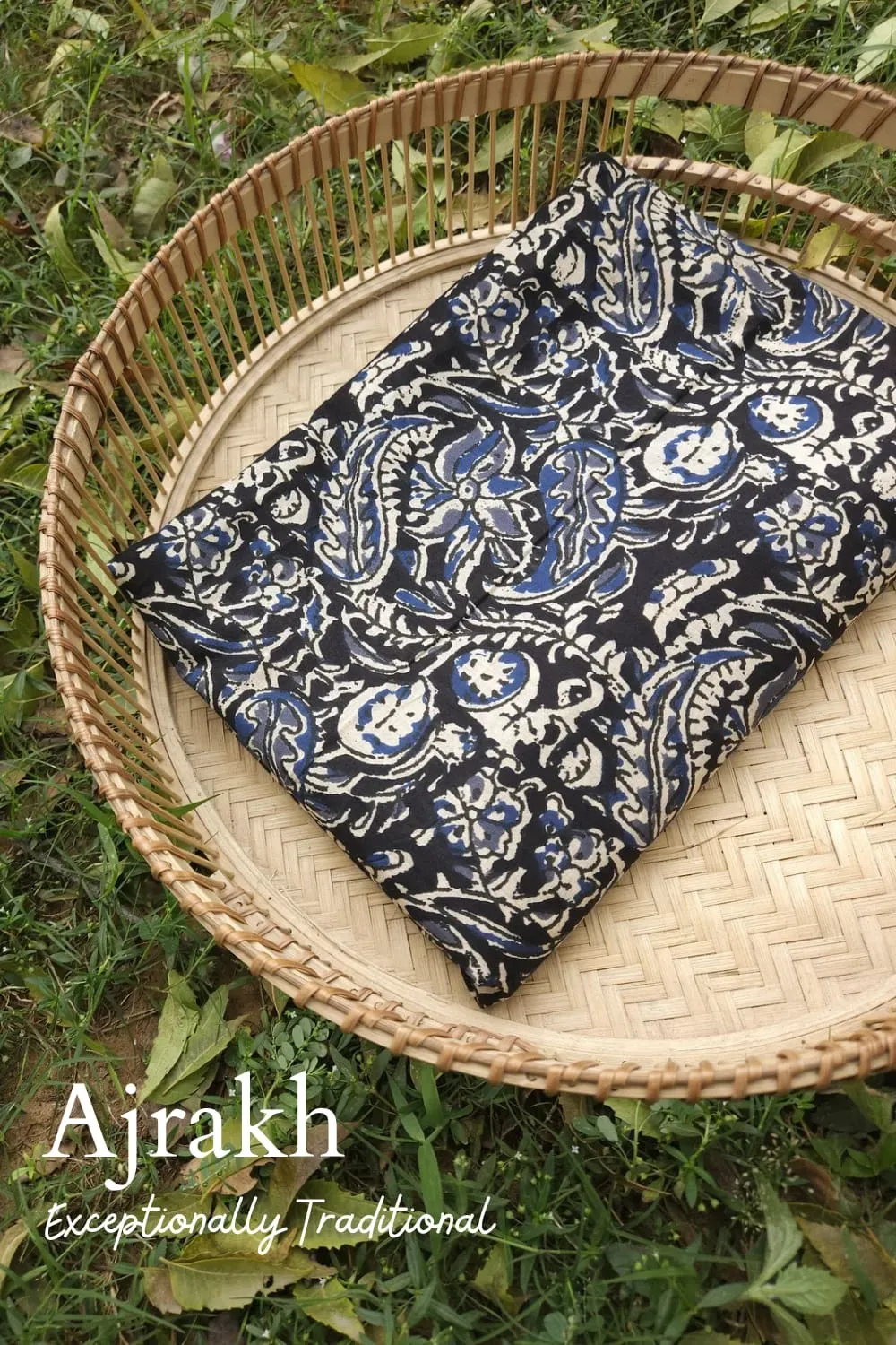 Black Base with Kalamkari Texture White and Grey Ajrakh Printed Jaipuri Cotton