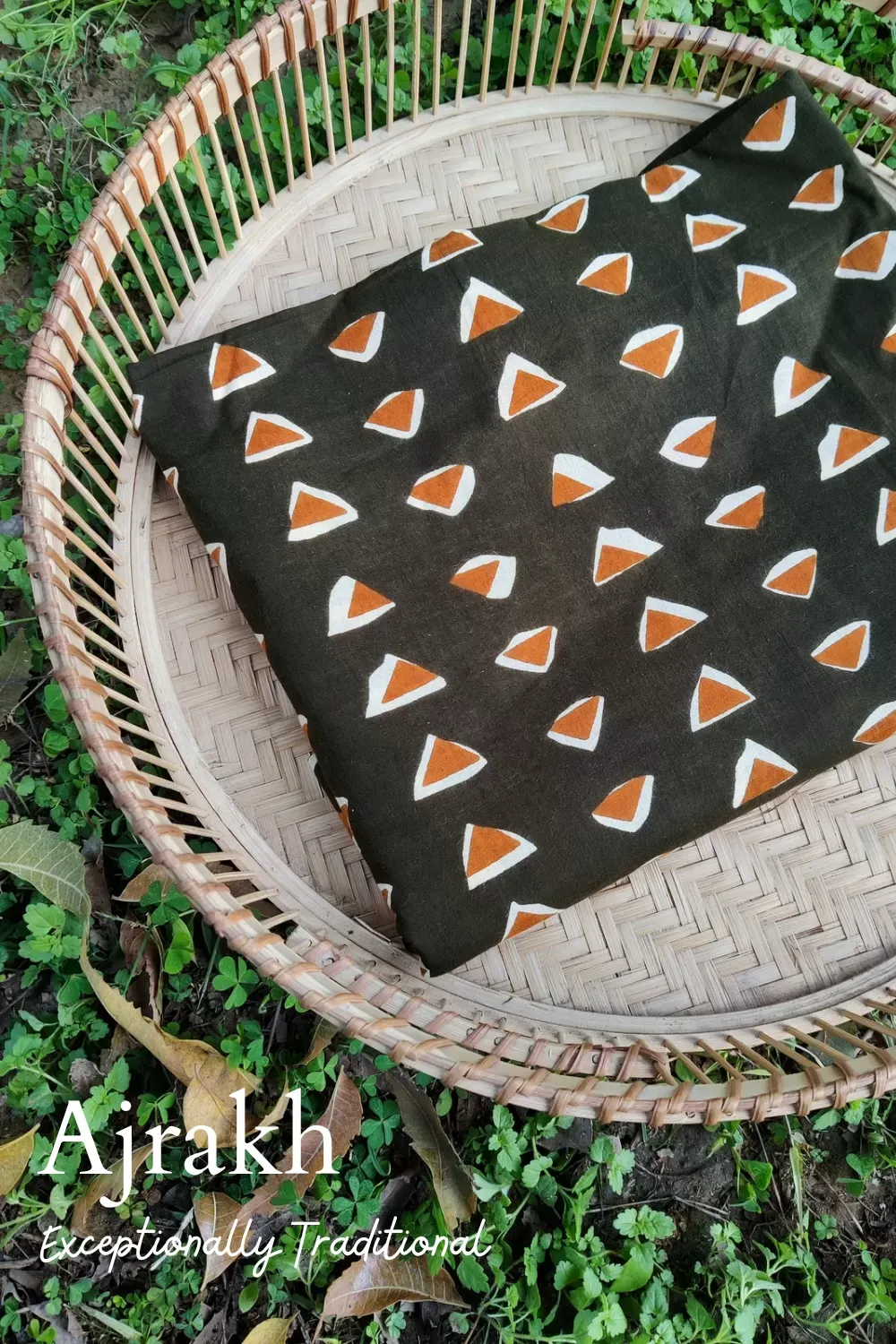 Mehandi Green Base with triangle Ajrakh Cotton Fabric