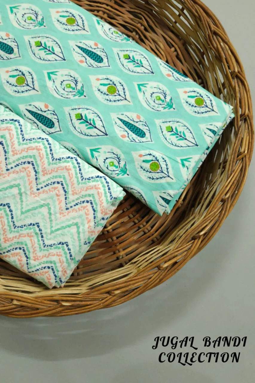 Pastel Shade Base Leaves Block Print On Top With Matching Zigzag Bottom.