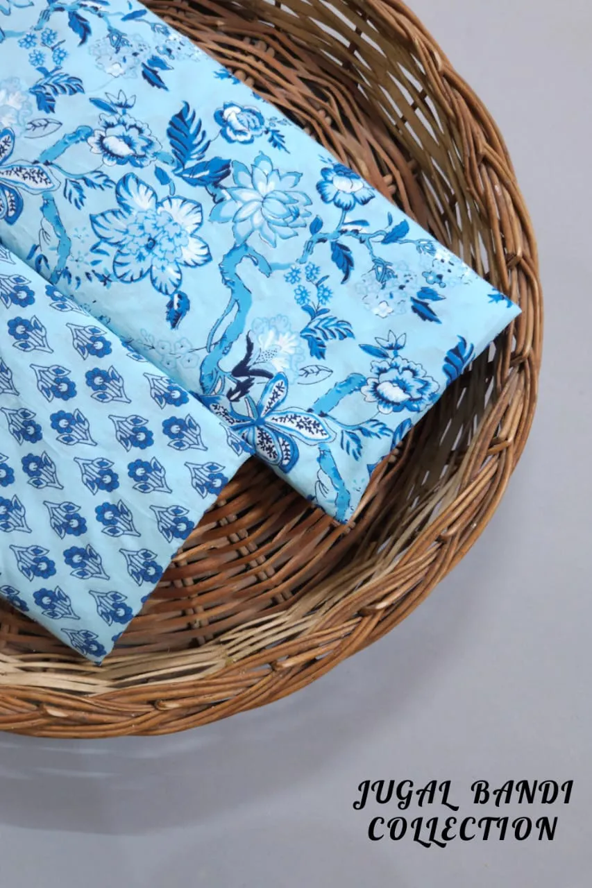 Mix And Match Sky Blue Shade Base Butty And Flowers Jaal Block Print.