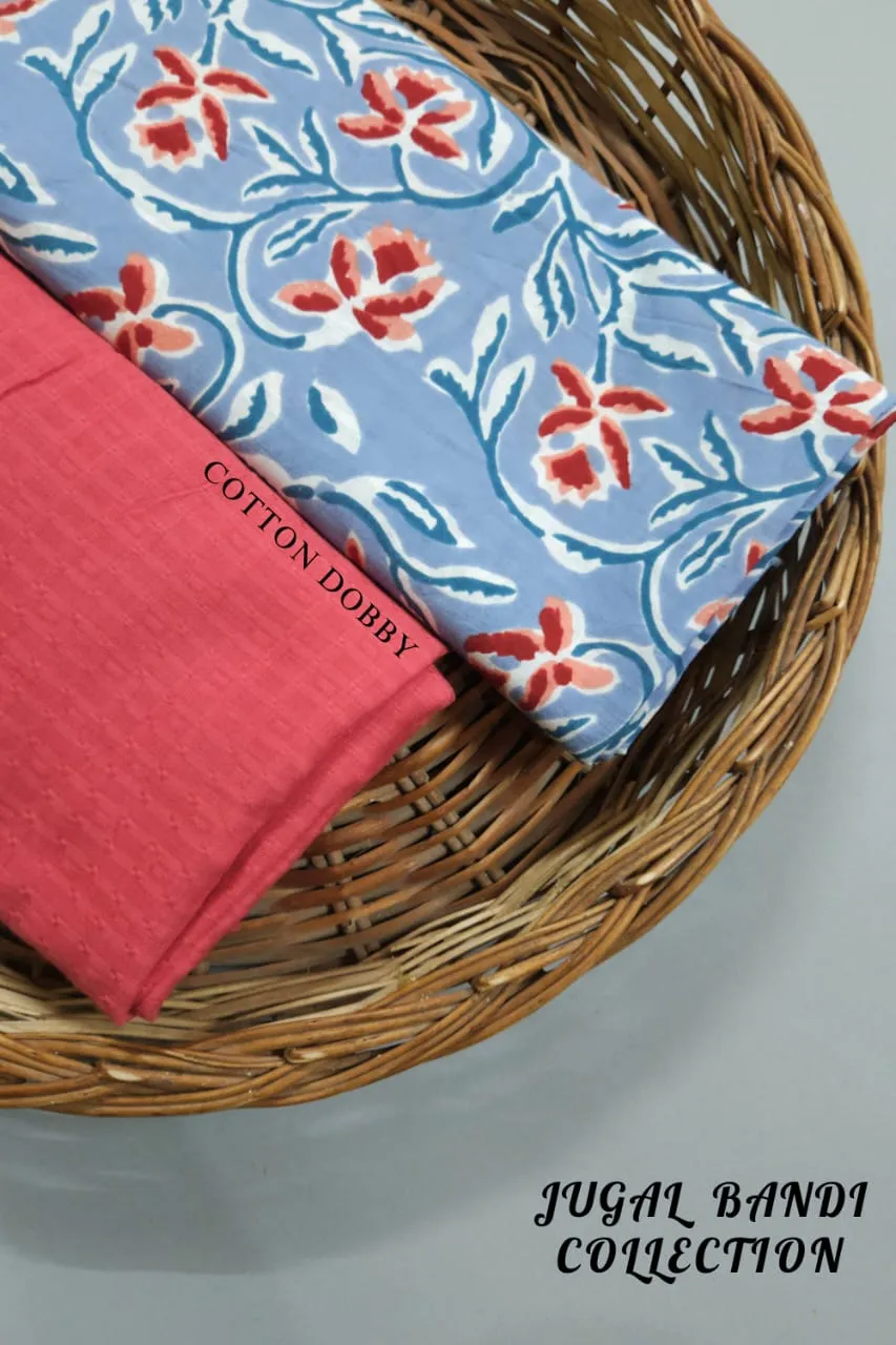 Pastel Shade Base Sanganeri Nas Jaal Block Print On Top WIth Matching Dobby Bottom.