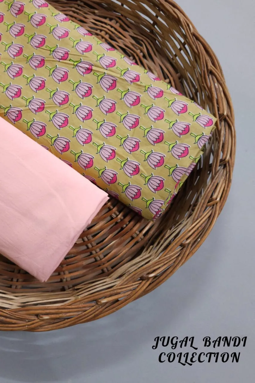 Mustard Shade Base Small Butty Print On Top With Matching Solid Bottom.