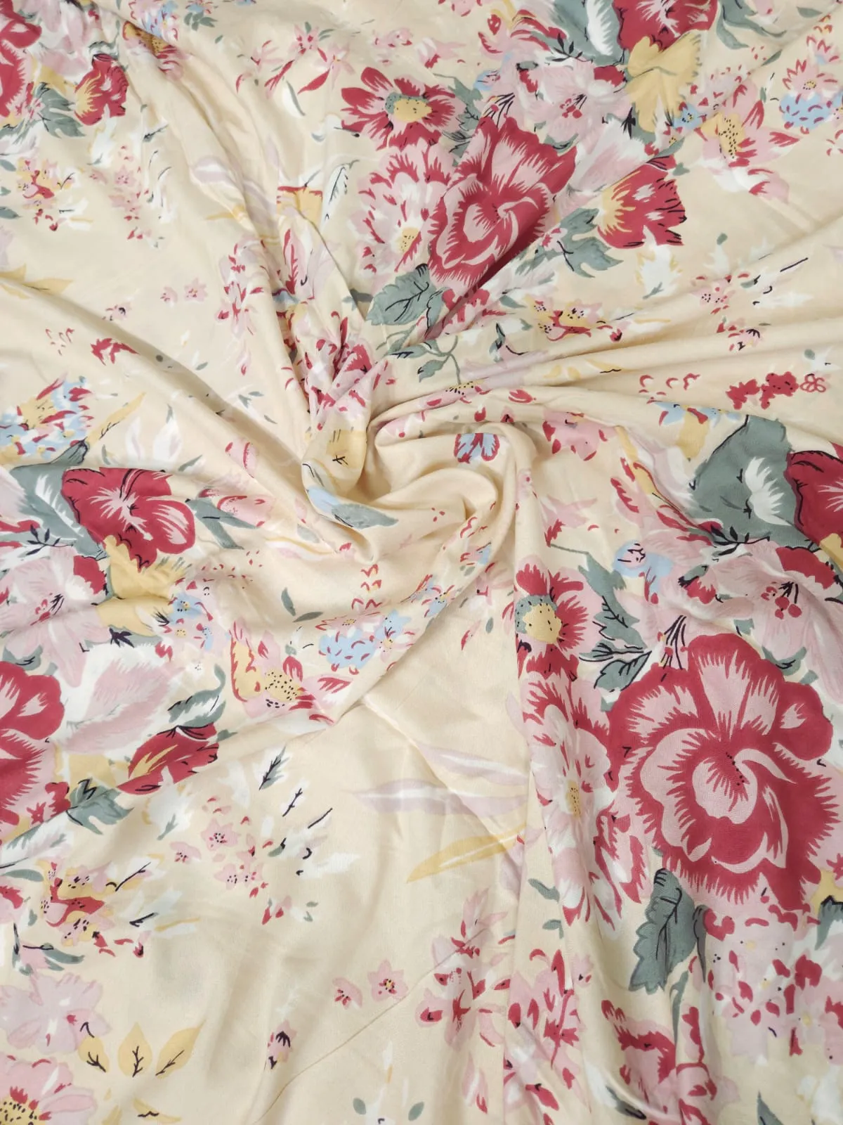 Pastel Cream Shade Base Shaalimar Flowers Print, Rayon Fabric.