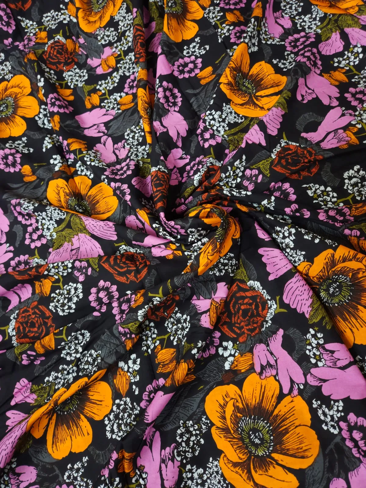 Black Shade Base Multicolour Flowers Print, Rayon Fabric.