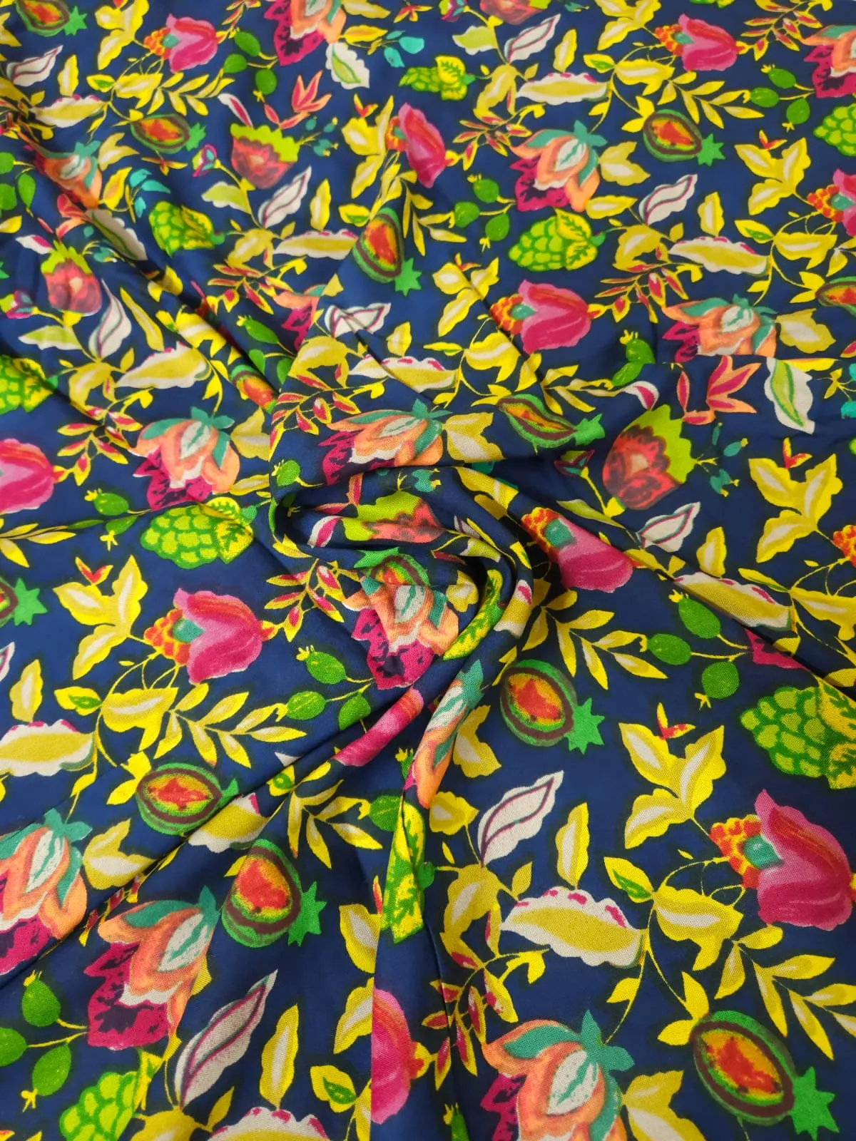 Blue Shade Base Multicolour Flowers Jaal Print, Rayon Fabric.