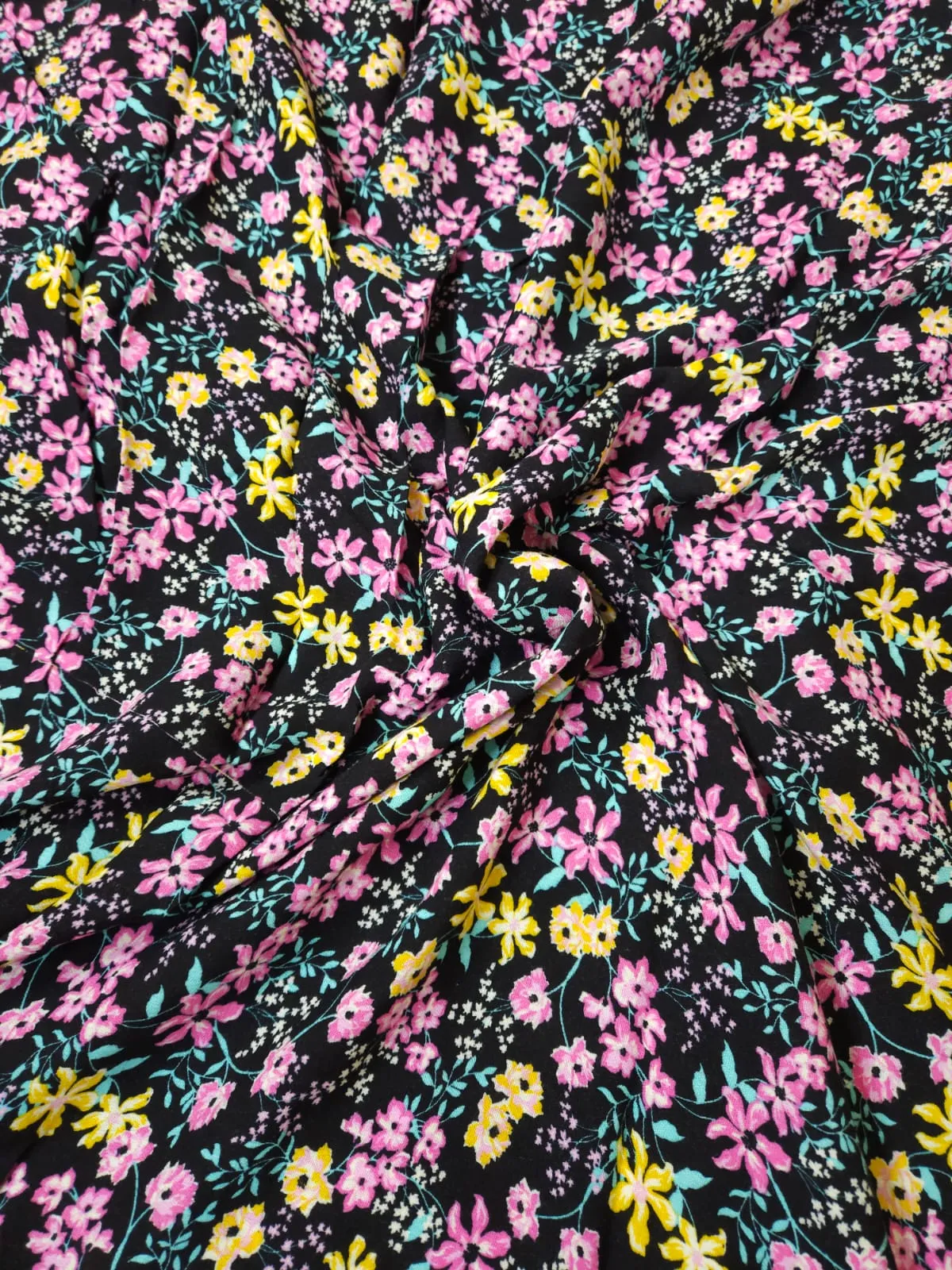 Black Shade Base Small Flowers Print, Rayon Crepe.