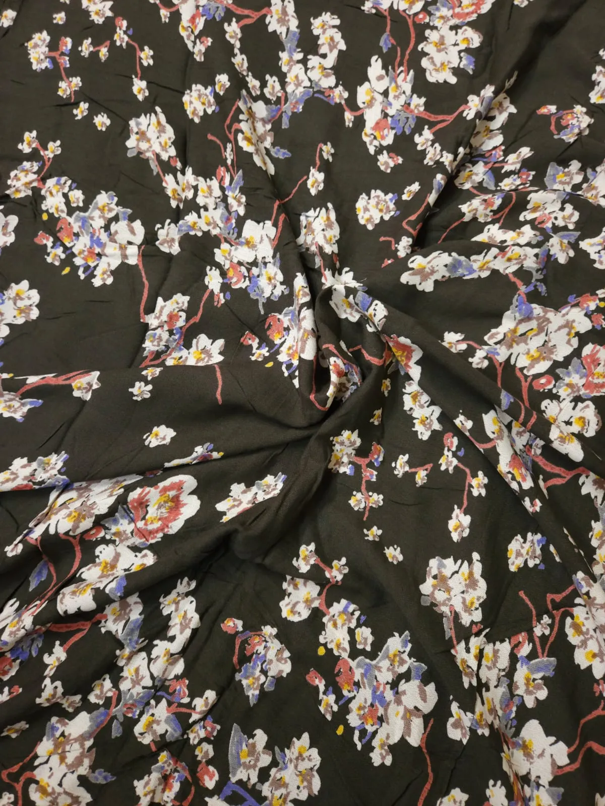 Olive Green Shade Base Flowers Jaal Print, Rayon Crepe.