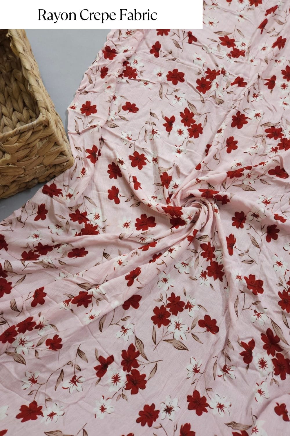Beautiful Baby Pink base with Red Shade Flower Printed Rayon Crepe Fabric