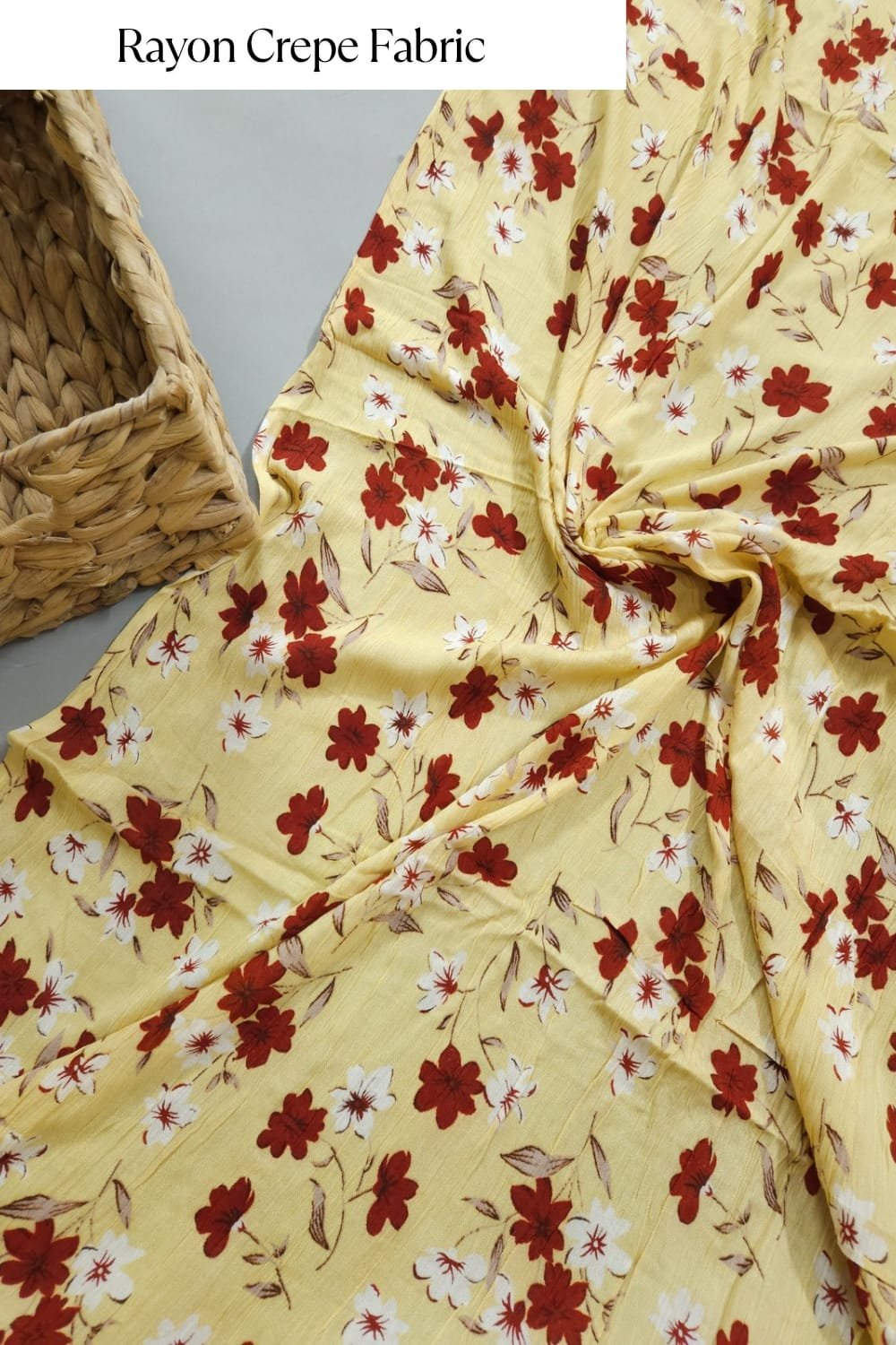 Beautiful Yellow base with Red Shade Flower Printed Rayon Crepe Fabric