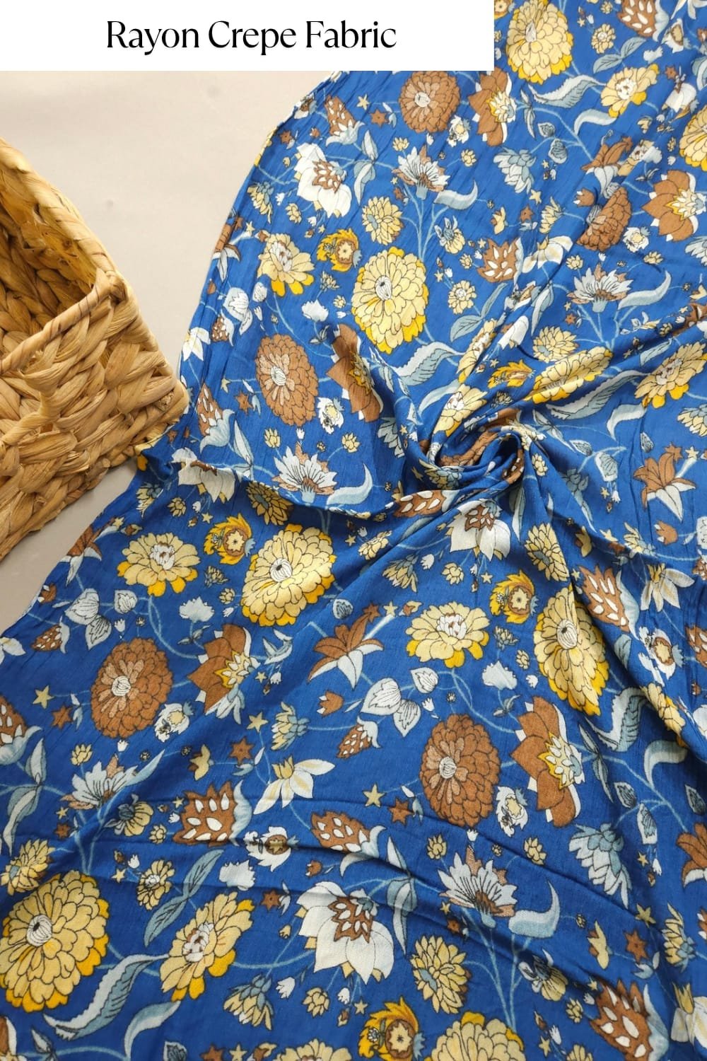 Royal blue base with mustard and yellow flower printed Rayon Crepe Fabric