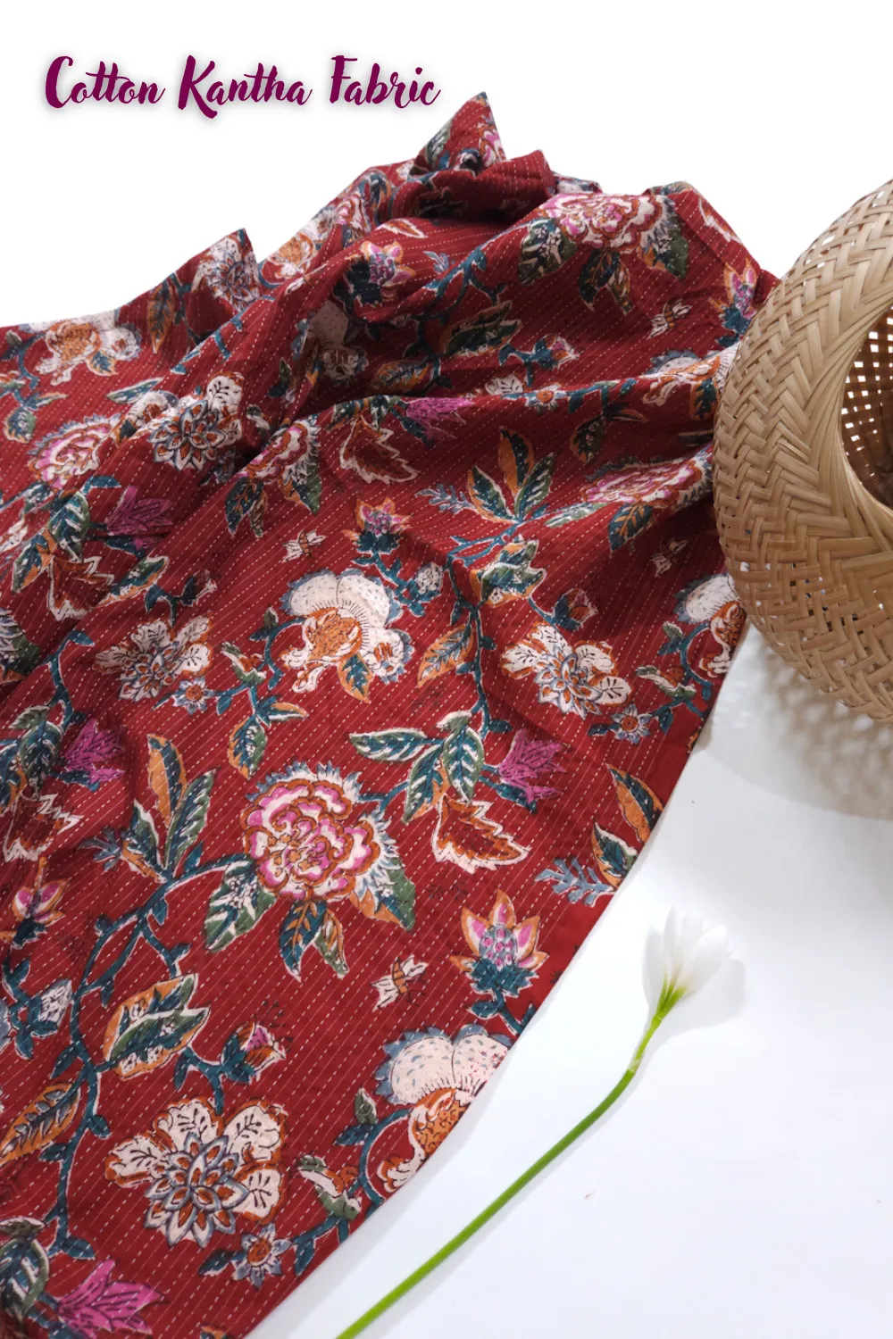 Red Shade Base Jaipuri Flower Jaal Block Print, Cotton Kantha.