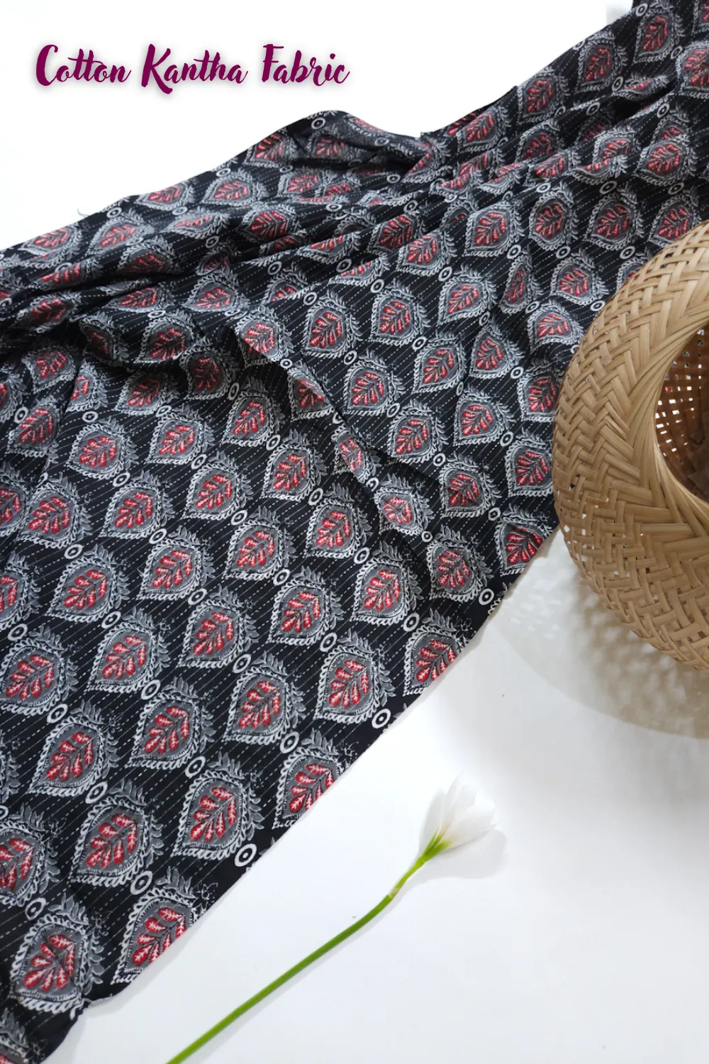 Black Shade Base Sanganeri Butty Print, Cotton Kantha.