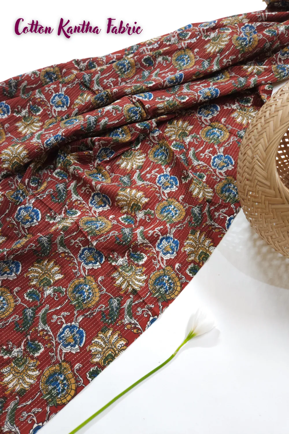Traditional Kalamkari Print On Red Shade Base Background, Cotton Kantha.