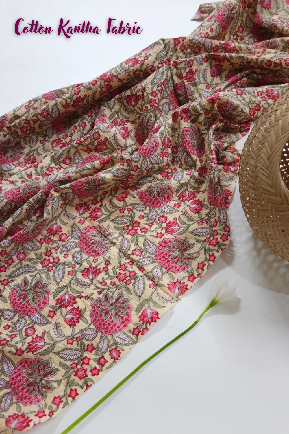 Cream Shade Base Jaipuri Flowers Block Print, Cotton Kantha.