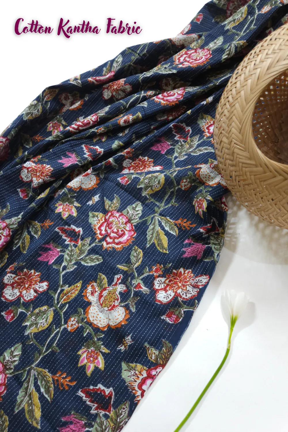 Blue Shade Base Multicolour Flowers Print, Cotton Kantha.