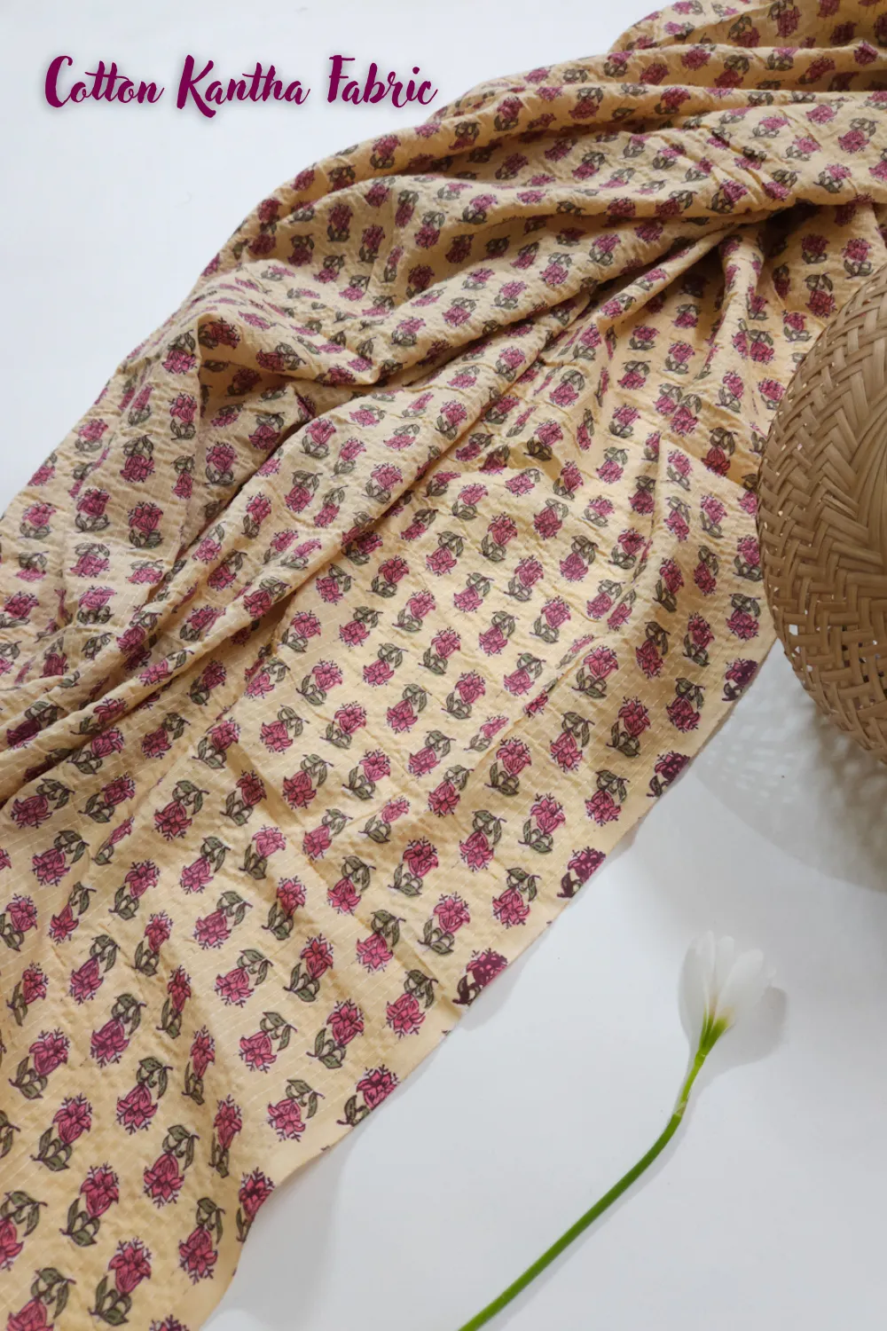 Cream Shade Base Sanganeri Small Butty Print, Cotton Kantha.