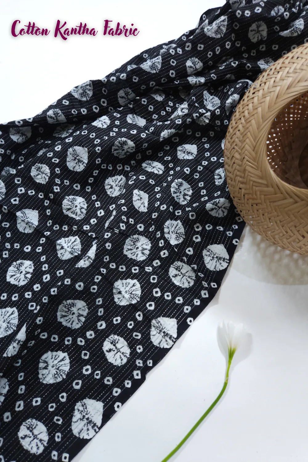 Black Shade Base Geometric Print, Cotton Kantha.