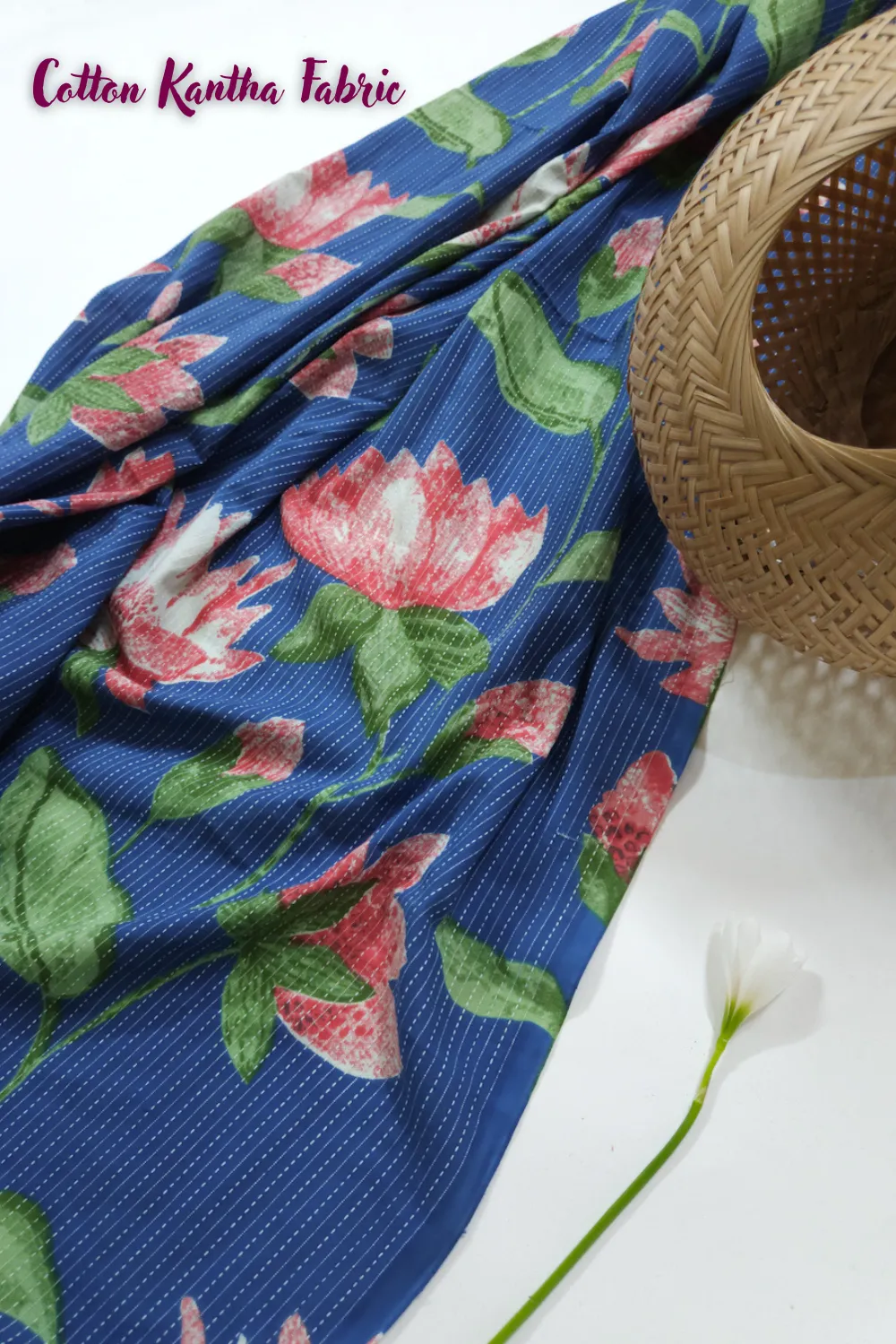 Blue Shade Base Big Sanganeri Flower Block Print, Cotton Kantha.